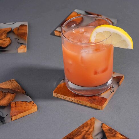 Wooden Coasters Set, Epoxy Coasters, Modern Coasters with Holder, Cedar Wood Coaster (4, Add Holder) in Saudi Arabia