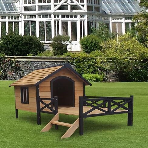 Lifeand 67''L Outdoor Large Wooden Cabin House Style Wooden Dog Kennel with Porch in Kuwait