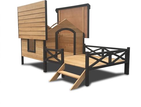 Lifeand 67''L Outdoor Large Wooden Cabin House Style Wooden Dog Kennel with Porch in Kuwait