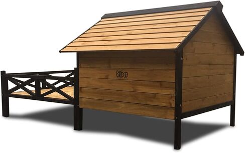 Lifeand 67''L Outdoor Large Wooden Cabin House Style Wooden Dog Kennel with Porch in Kuwait