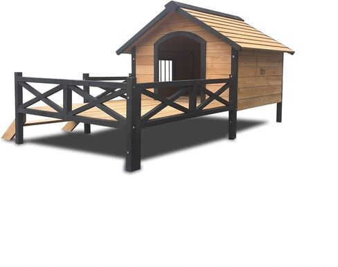Lifeand 67''L Outdoor Large Wooden Cabin House Style Wooden Dog Kennel with Porch in Kuwait