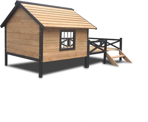 Lifeand 67''L Outdoor Large Wooden Cabin House Style Wooden Dog Kennel with Porch in Kuwait