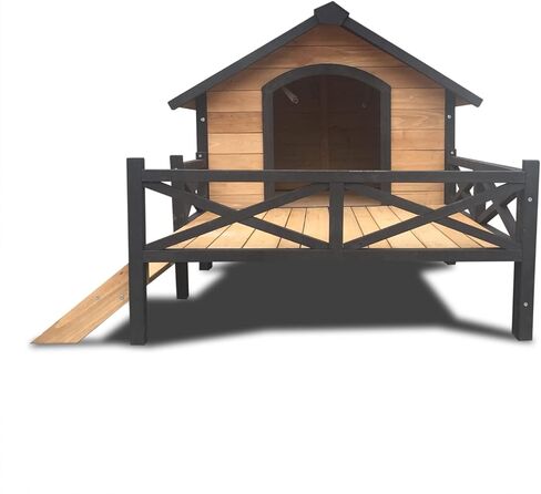 Lifeand 67''L Outdoor Large Wooden Cabin House Style Wooden Dog Kennel with Porch in Kuwait