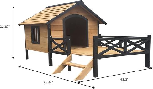 Lifeand 67''L Outdoor Large Wooden Cabin House Style Wooden Dog Kennel with Porch in Kuwait
