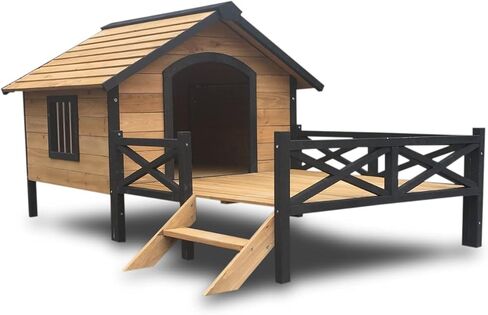 Lifeand 67''L Outdoor Large Wooden Cabin House Style Wooden Dog Kennel with Porch in Kuwait