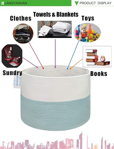 LANGYASHAN 21.65" x 13.78" XXXLarge Woven Rope Basket Decorative Blanket Basket for Living Room Toys Sofa Throws Storage Towels or Nursery Laundry Hamper Basket with Handles Laundry Basket (Blue) in Saudi Arabia