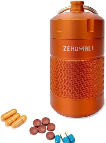 منظم حبوب محمول من خليط معدني من الالومنيوم مقاوم للماء مع سلسلة مفاتيح للرياضات الخارجية والتخييم والمشي لمسافات طويلة والسفر، 1.2×1.2×2.2 انش (قطعة واحدة، برتقالي) in Kuwait