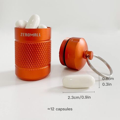 منظم حبوب محمول من خليط معدني من الالومنيوم مقاوم للماء مع سلسلة مفاتيح للرياضات الخارجية والتخييم والمشي لمسافات طويلة والسفر، 1.2×1.2×2.2 انش (قطعة واحدة، برتقالي) in Kuwait