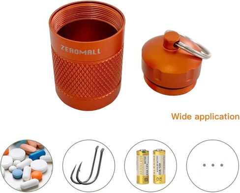 منظم حبوب محمول من خليط معدني من الالومنيوم مقاوم للماء مع سلسلة مفاتيح للرياضات الخارجية والتخييم والمشي لمسافات طويلة والسفر، 1.2×1.2×2.2 انش (قطعة واحدة، برتقالي) in Kuwait