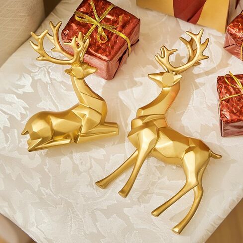 Christmas Decoration 2PCS Reindeer Resin Ornaments Mother Child Deer Couple Deer Sculpture Used for Living Room Bookshelf Bedroom Wine Cabinet Decoration to Enhance Atmosphere (3D Geometric Blue) in Saudi Arabia