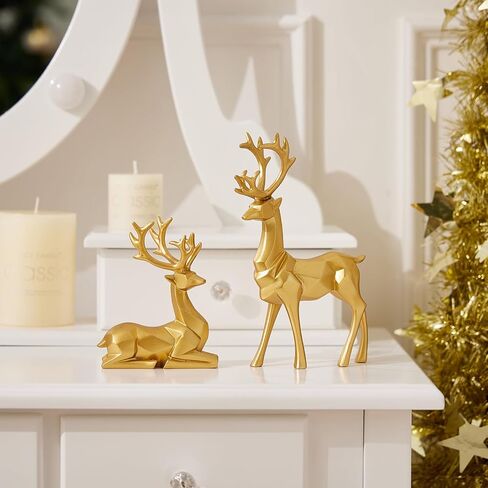 Christmas Decoration 2PCS Reindeer Resin Ornaments Mother Child Deer Couple Deer Sculpture Used for Living Room Bookshelf Bedroom Wine Cabinet Decoration to Enhance Atmosphere (3D Geometric Blue) in Saudi Arabia
