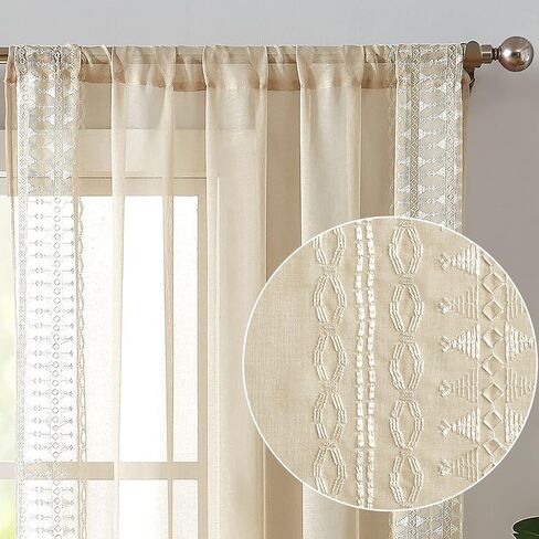 jinchan Boho Curtains White Curtains with Black Bordered Embroidery 96 Inch Long Living Room Modern Curtains Rod Pocket Light Filtering Drapes Bedroom Dining Room Window Curtain Set 2 Panels in Saudi Arabia