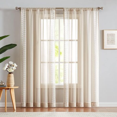 jinchan Boho Curtains White Curtains with Black Bordered Embroidery 96 Inch Long Living Room Modern Curtains Rod Pocket Light Filtering Drapes Bedroom Dining Room Window Curtain Set 2 Panels in Saudi Arabia