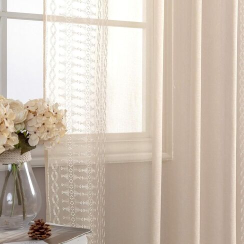jinchan Boho Curtains White Curtains with Black Bordered Embroidery 96 Inch Long Living Room Modern Curtains Rod Pocket Light Filtering Drapes Bedroom Dining Room Window Curtain Set 2 Panels in Saudi Arabia