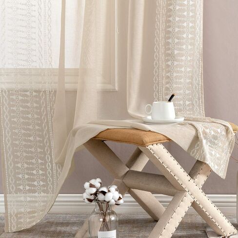 jinchan Boho Curtains White Curtains with Black Bordered Embroidery 96 Inch Long Living Room Modern Curtains Rod Pocket Light Filtering Drapes Bedroom Dining Room Window Curtain Set 2 Panels in Saudi Arabia