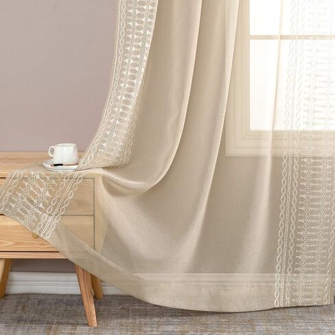 jinchan Boho Curtains White Curtains with Black Bordered Embroidery 96 Inch Long Living Room Modern Curtains Rod Pocket Light Filtering Drapes Bedroom Dining Room Window Curtain Set 2 Panels in Saudi Arabia