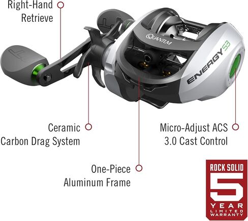 Quantum Energy S3 Baitcast Fishing Reel, Size 100 Reel, Continuous Anti-Reverse Clutch, Large EVA Handle Knobs, Silver/Black in Saudi Arabia