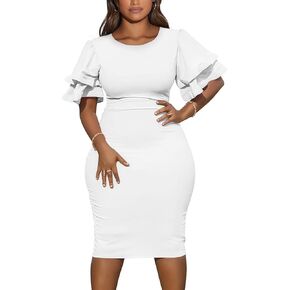 DAAWENXI Women's Elegant Bodycon Ruffle Short Sleeve Cocktail Midi Pencil Dress