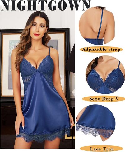 Avidlove Silk Nightgown for Women Sexy Lace Sleepwear Satin Sleeveless Chemise Dress in Kuwait