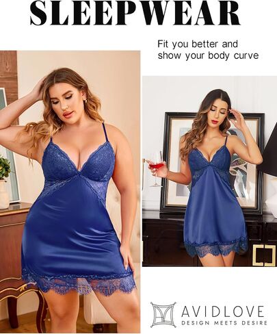 Avidlove Silk Nightgown for Women Sexy Lace Sleepwear Satin Sleeveless Chemise Dress in Kuwait