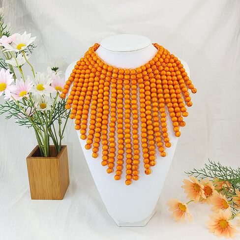 Boho African Wooden or Acrylic Beaded Bib Statement Necklace Strands Layered Cluster Chunky Collar Choker Wood Necklace for Women Fashion Costume Jewelry in Kuwait