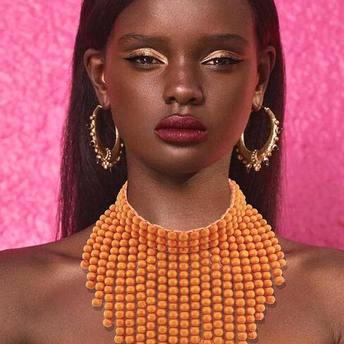 Boho African Wooden or Acrylic Beaded Bib Statement Necklace Strands Layered Cluster Chunky Collar Choker Wood Necklace for Women Fashion Costume Jewelry in Kuwait