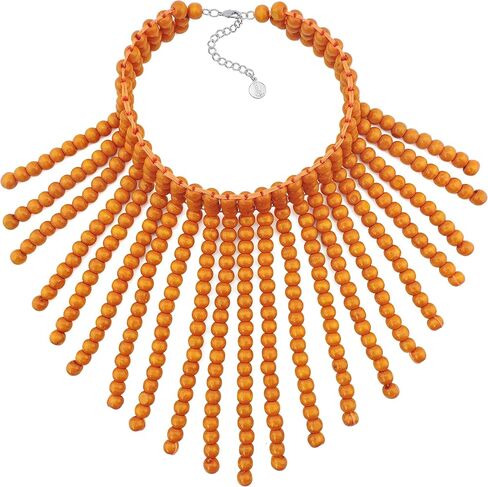 Boho African Wooden or Acrylic Beaded Bib Statement Necklace Strands Layered Cluster Chunky Collar Choker Wood Necklace for Women Fashion Costume Jewelry in Kuwait