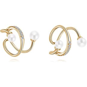Reffeer Solid 925 Sterling Silver Pearl Ear Cuffs Earrings for Women Girls CZ Pearl Wrap Earrings Non Piercing Cartilage Cuffs Clip On Earrings