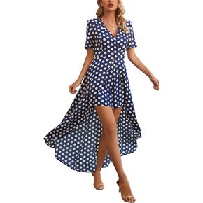 Mizukai Womens Short Sleeve V Neck Floral Flowy Party Split Maxi Romper Dress