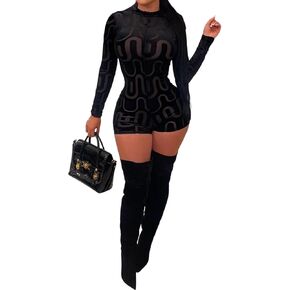Uni Clau Women Sexy See Through Long Sleeve Short Jumpsuits Sheer Mesh Tie Dye Skinny Pants Club Rompers