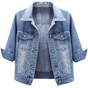 LifeShe Women's 3/4 Sleeve Short Denim Jacket Light Cropped Jean Jackets Coats