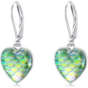 Mermaid Scale Heart Earrings Sterling Silver Leverback Earrings Hypoallergenic Colorful Mermaid Hoop Earrings Mother's Day Mermaid Tail Jewelry Mermaid Earrings Gifts for Girls Sensitive Ears