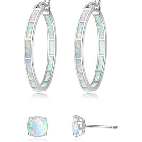 CiNily Opal Hoop Earrings,Women Jewelry Rhodium Plated/Rose Gold or Yellow Gold Plated Gemstone Big Hoop Earrings 32mm