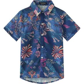Spring&Gege Boys' Short Sleeve Hawaiian Shirt Cartoon Print Aloha Button Down Shirts (3-14 Years)