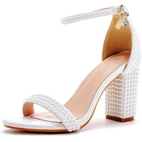 2.95'' Full Pearls Block Heels Sandals Peep Toe Rhinestone Women's Chunky Heel Pump Shoes For Bride Wedding Party Evening Dress Shoes in Saudi Arabia