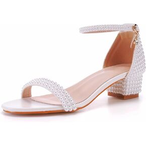 2.95'' Full Pearls Block Heels Sandals Peep Toe Rhinestone Women's Chunky Heel Pump Shoes For Bride Wedding Party Evening Dress Shoes
