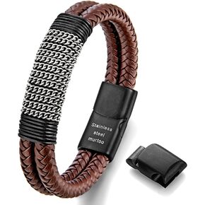 Speroto Mens Bracelet leather and Steel, Handmade Double Row Braided Magnetic Leather Bracelets with Chain Gifts for Men in Kuwait