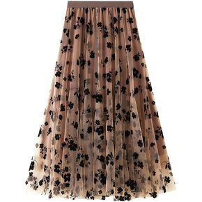 CHARTOU Women's Elastic High Waist Tulle Ruffle Pleated A-Line Swing Midi Skirt