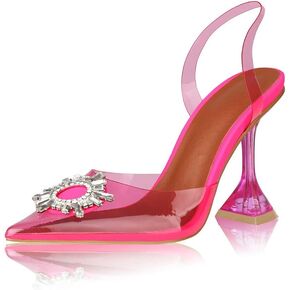 AMINUGAL Womens Slingback Clear High Heel Sandals Band Pointed Toe Triangle Heeled Rhinestones Crystal Dress Party Wedding Bride Shoes