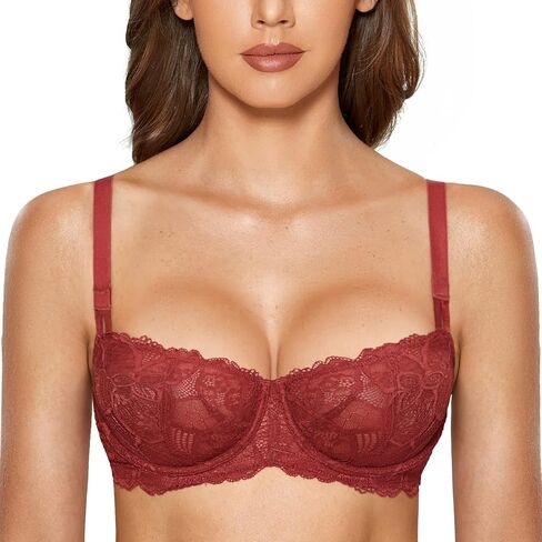 DOBREVA Women's Balconette Push Up Bra Sexy Lace Plus Size Unlined Sheer Underwire in Kuwait