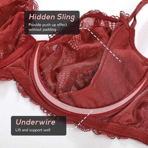 DOBREVA Women's Balconette Push Up Bra Sexy Lace Plus Size Unlined Sheer Underwire in Kuwait