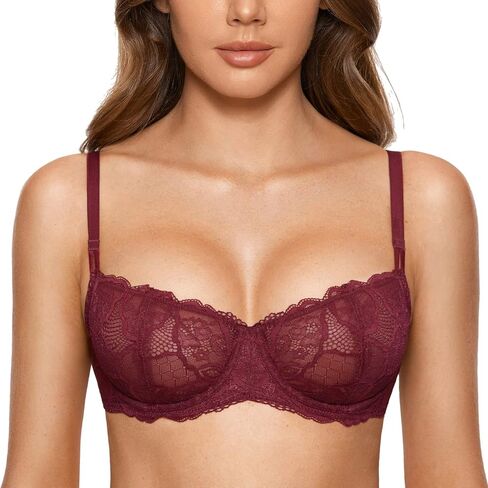 DOBREVA Women's Balconette Push Up Bra Sexy Lace Plus Size Unlined Sheer Underwire in Kuwait