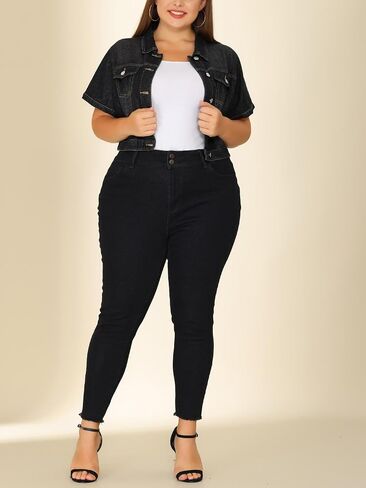 Agnes Orinda Plus Size Denim Jackets for Women 2023 Cropped Wash Short Sleeves Jean Jacket in Kuwait