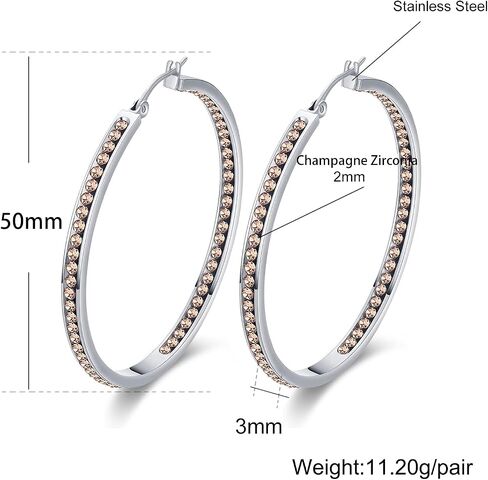 weinuo 2 Inch Stunning Stainless Steel Multi-colors Cubic Zirconia Hoop Earring for Women Hypoallergenic Jewelry for Sensitive Ears Large Big Hoop Earrings 50MM in Kuwait