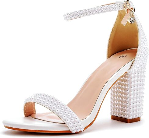 2.95'' Full Pearls Block Heels Sandals Peep Toe Rhinestone Women's Chunky Heel Pump Shoes For Bride Wedding Party Evening Dress Shoes in Saudi Arabia