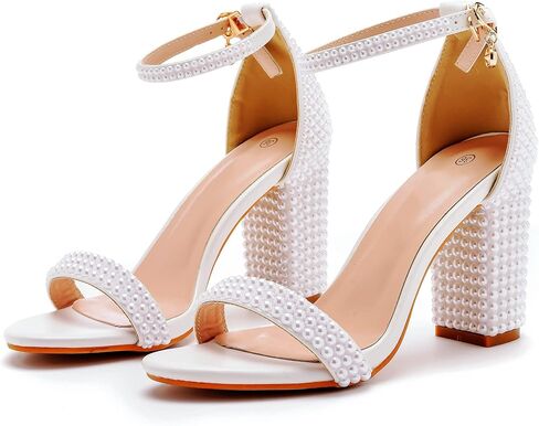 2.95'' Full Pearls Block Heels Sandals Peep Toe Rhinestone Women's Chunky Heel Pump Shoes For Bride Wedding Party Evening Dress Shoes in Saudi Arabia
