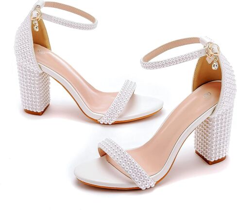 2.95'' Full Pearls Block Heels Sandals Peep Toe Rhinestone Women's Chunky Heel Pump Shoes For Bride Wedding Party Evening Dress Shoes in Saudi Arabia