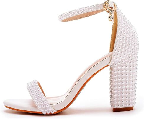 2.95'' Full Pearls Block Heels Sandals Peep Toe Rhinestone Women's Chunky Heel Pump Shoes For Bride Wedding Party Evening Dress Shoes in Saudi Arabia
