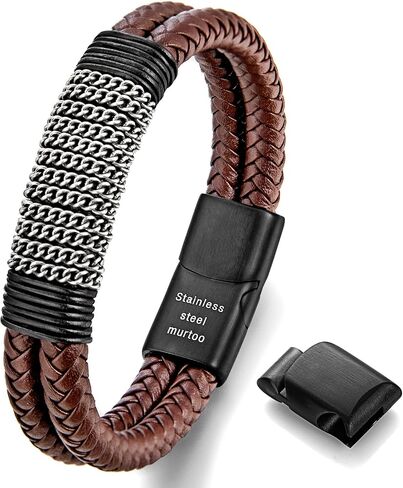 Speroto Mens Bracelet leather and Steel, Handmade Double Row Braided Magnetic Leather Bracelets with Chain Gifts for Men in Kuwait