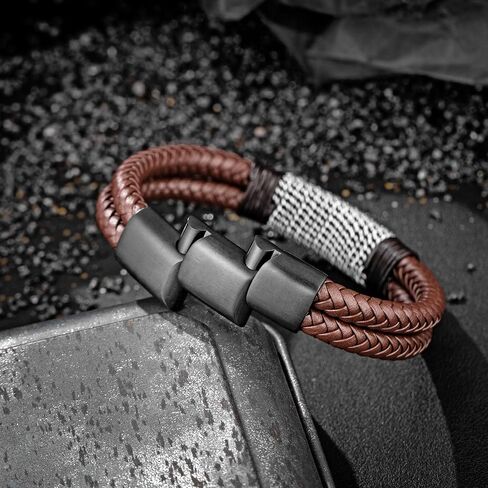 Speroto Mens Bracelet leather and Steel, Handmade Double Row Braided Magnetic Leather Bracelets with Chain Gifts for Men in Kuwait